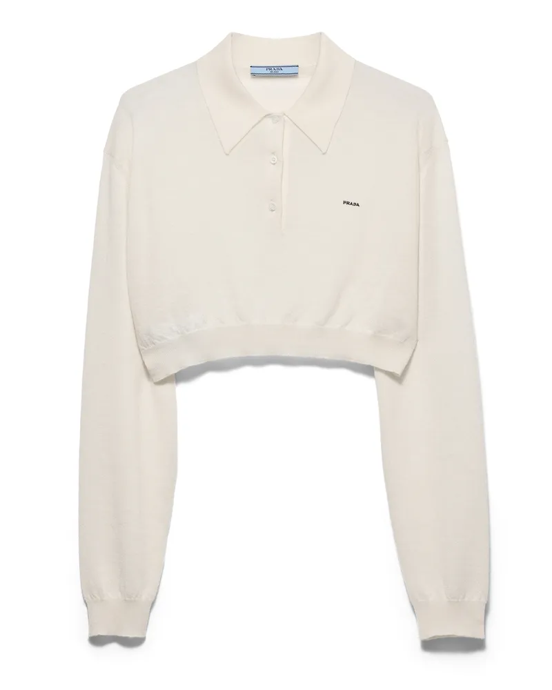 Prada Kurzes Poloshirt Aus Kaschmir, Damen, Weiss, Größe Weiss