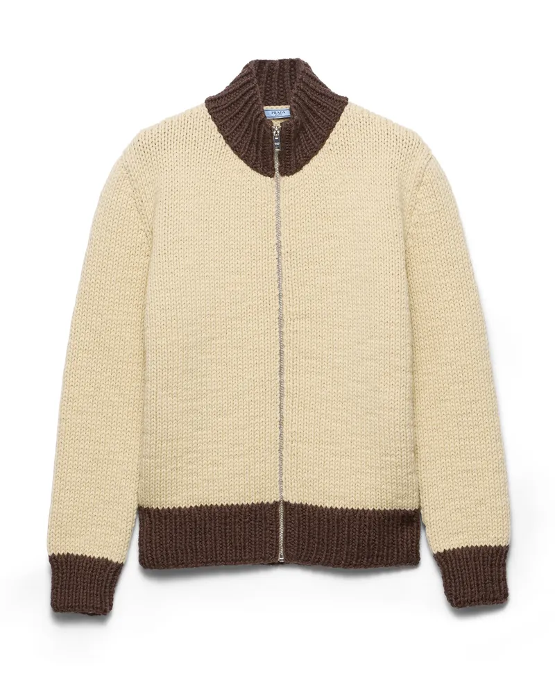 Prada Wool Zipper Cardigan, Damen, Schnur/kakaobraun, Größe Schnur