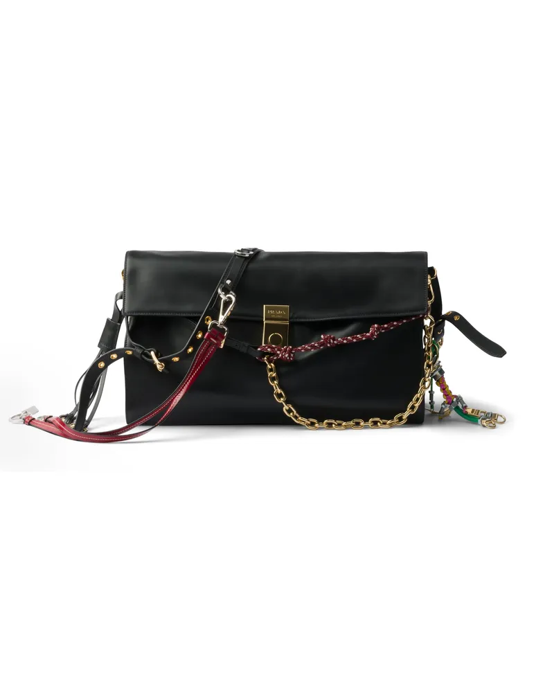 Prada Große  Soft Sound Schultertasche Aus Leder Mit Anhängern, Damen, Schwarz Schwarz