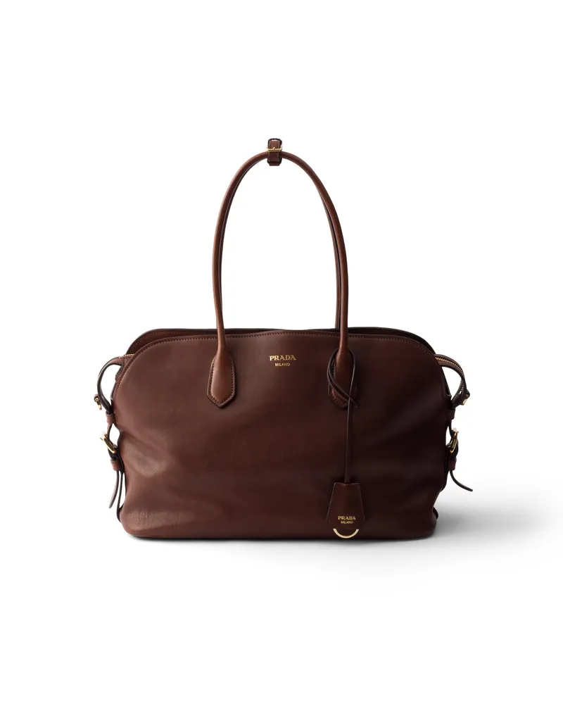 Prada Große  Signet Tote Bag Aus Leder, Damen, Kakao Kakao