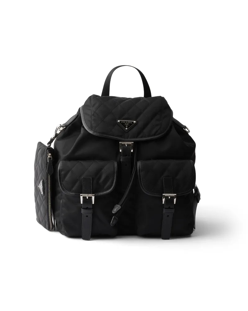 Prada Mittelgroßer Rucksack Aus Gestepptem Re-nylon Mit Besatz Aus Saffiano-leder, Damen, Schwarz Schwarz