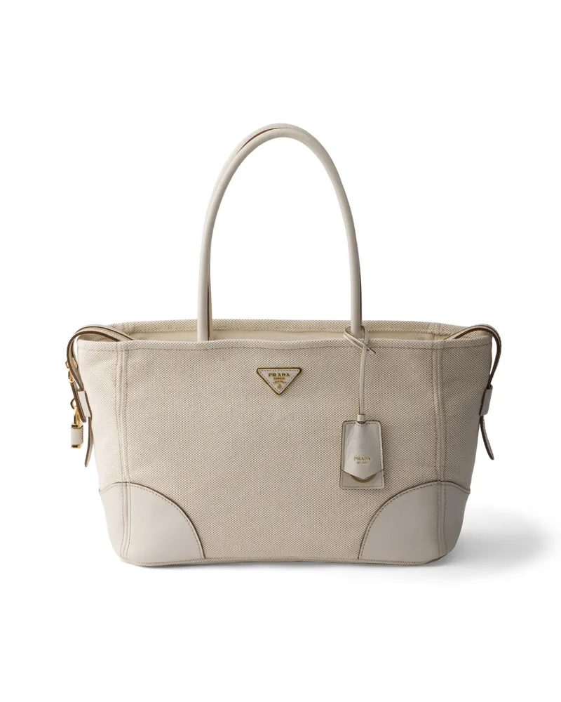 Prada Große Tote Bag Aus Leinenmischgewebe Und Leder, Damen, Hellbraun/kalkweiss Hellbraun