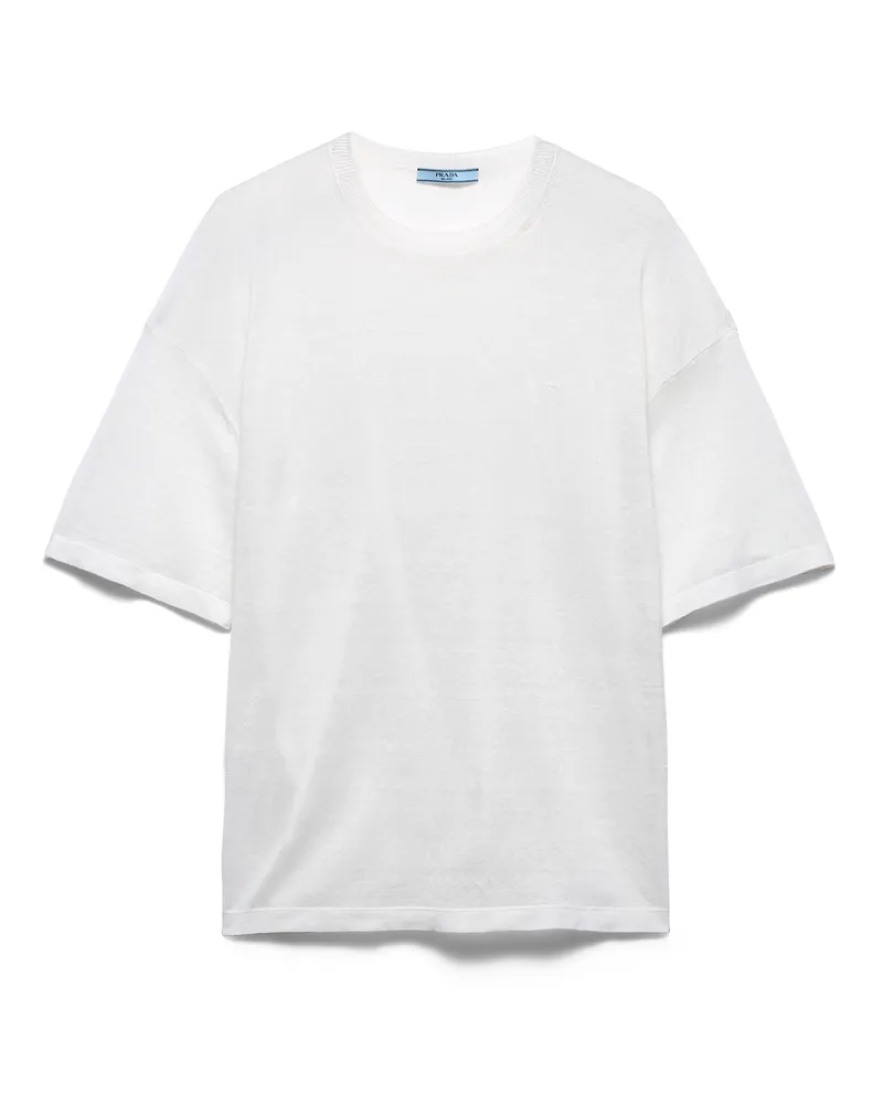 Prada Kurzärmliges T-shirt Aus Leinen, Damen, Weiss, Größe Weiss