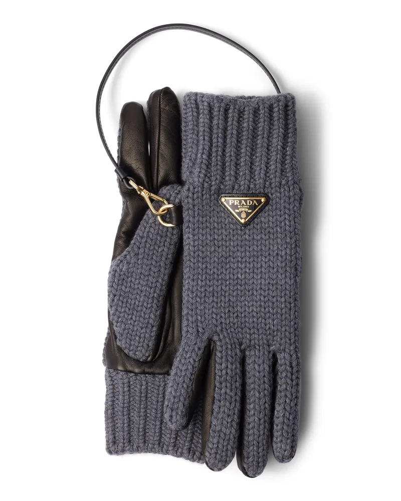 Prada Handschuhe Aus Wolle Und Nappa-leder, Damen, Schiefergrau, Größe 8,5 Schiefergrau