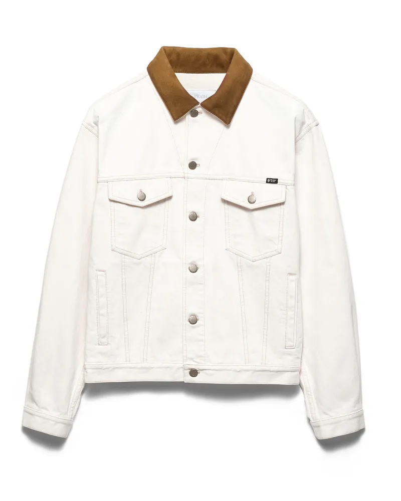 Prada Alte Jacke Aus Denim Mit Lederdetails, Herren, Weiss, Größe Weiss