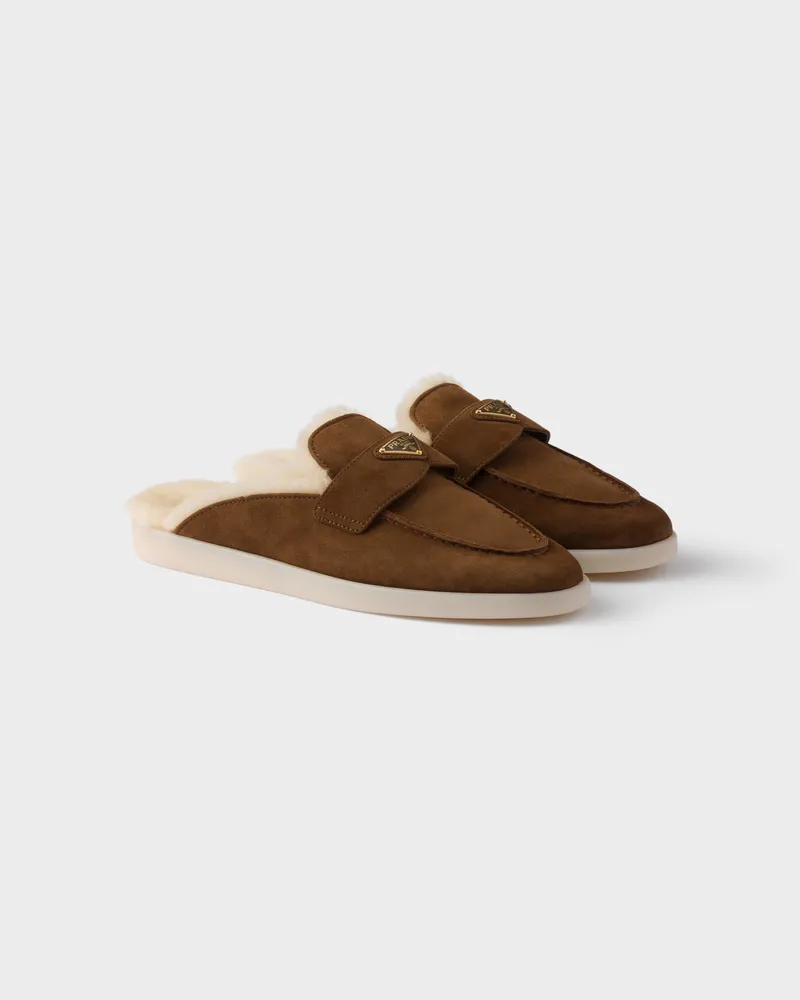 Prada Mules aus Wildleder und Lammfell Kakaobraun