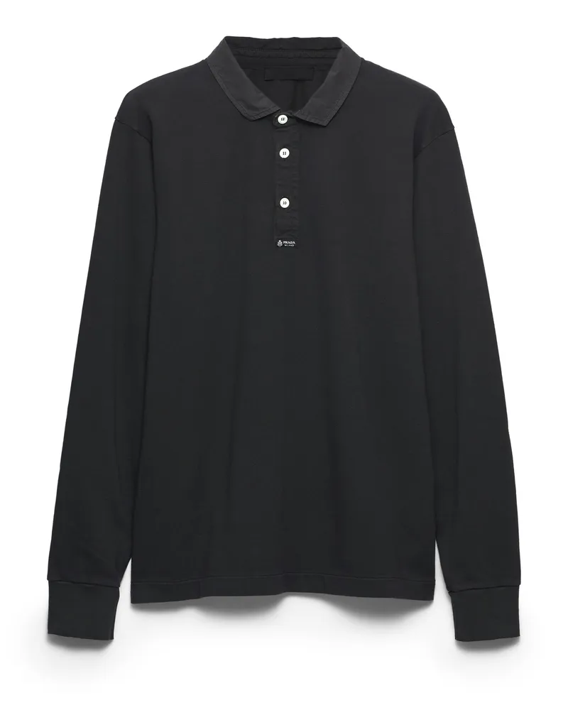Prada Langärmliges Poloshirt Aus Baumwolle, Herren, Kohlschwarz, Größe Kohlschwarz