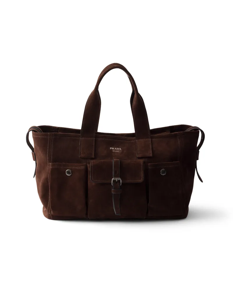 Prada Große  Route Tote-bag Aus Veloursleder, Damen, Dunkelbraun Dunkelbraun