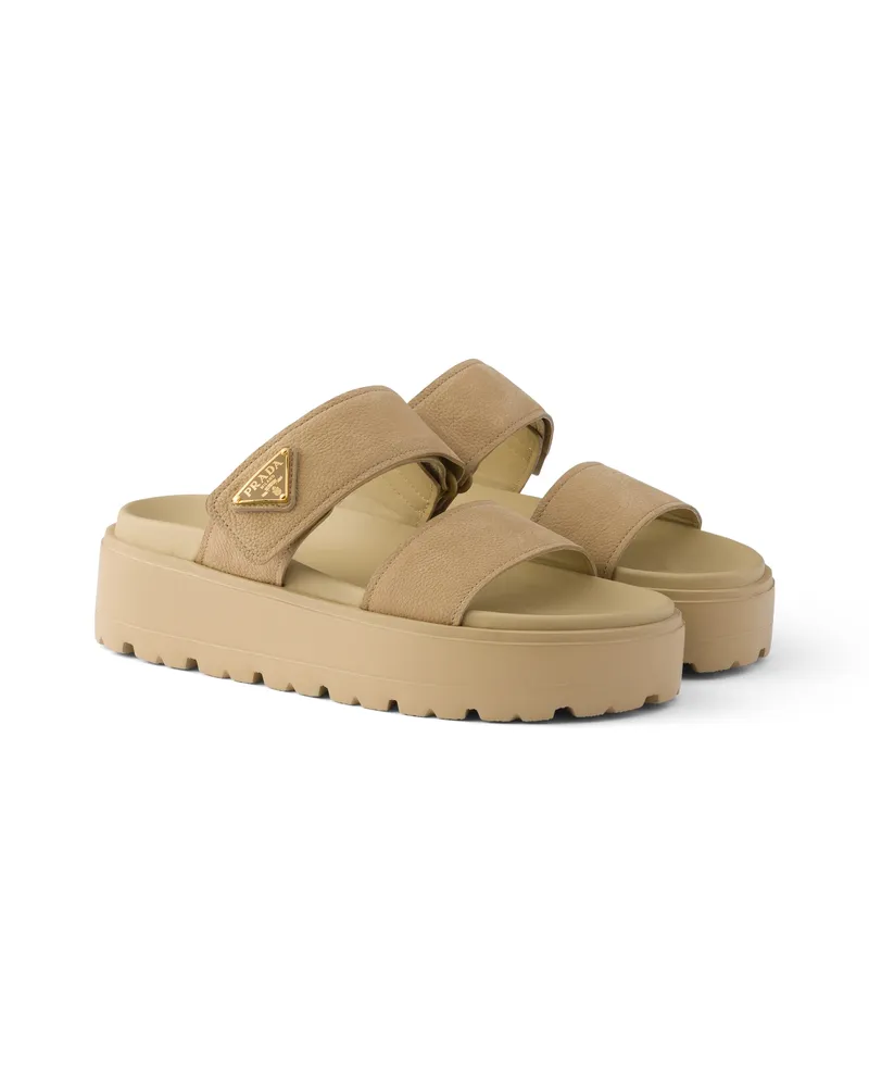 Prada Pantoletten Aus Nubukleder, Damen, Wüstenbeige, Größe Wüstenbeige