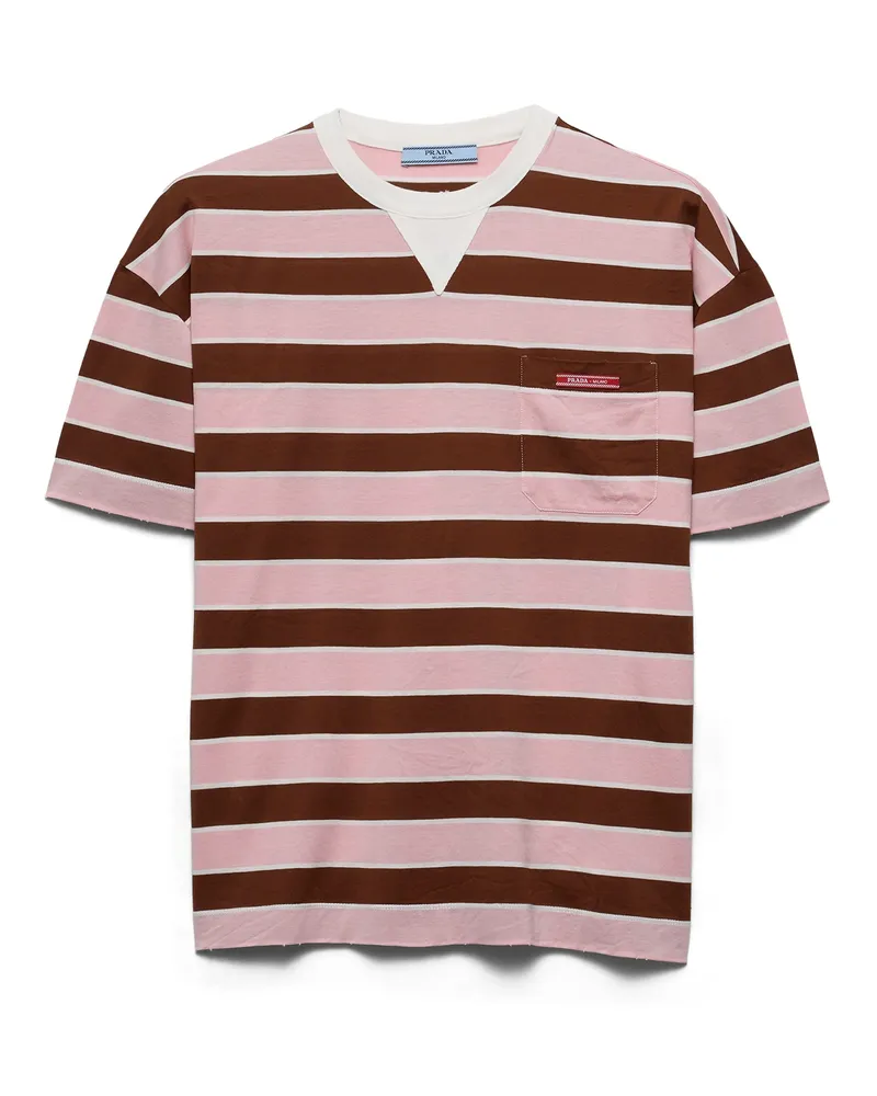 Prada Bayadere Gestreiftes T-shirt Aus Lisle-baumwolle , Damen, Alabaster/tabak, Größe Alabaster