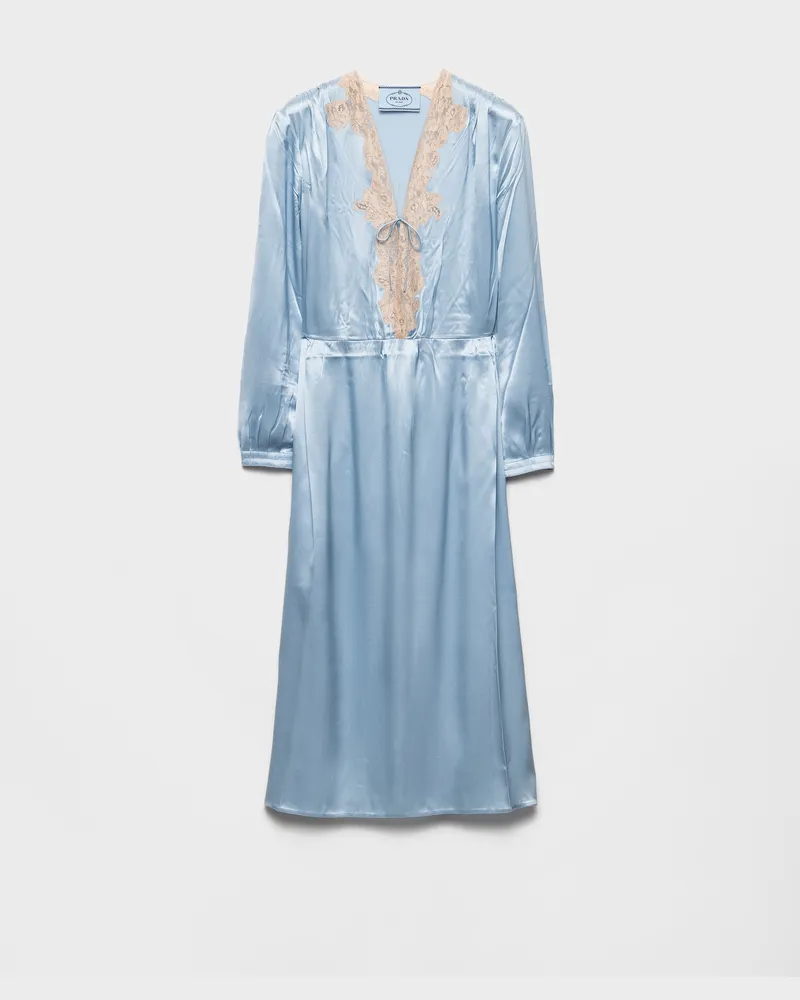 Prada Langärmliges Kleid aus Satin-Crêpe und Spitzen-Overlay Seeblau