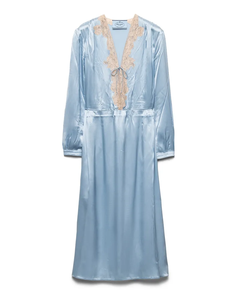 Prada Langärmliges Kleid Aus Satin-crêpe Und Spitzen-overlay, Damen, Seeblau, Größe Seeblau