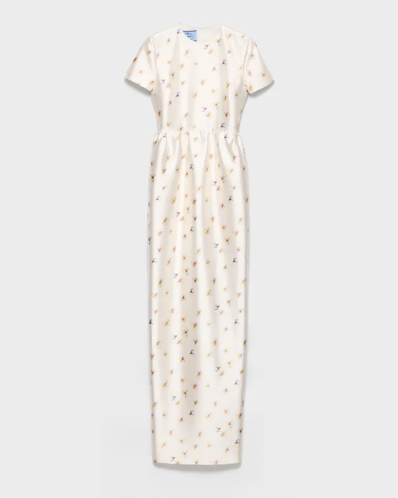 Prada Langes Kleid aus Seide und Wolle mit Blumenprint Creme