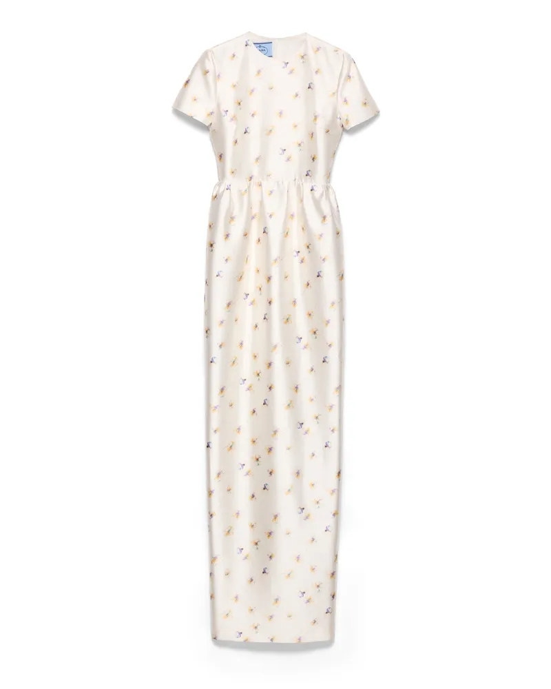 Prada Langes Kleid Aus Seide Und Wolle Mit Blumenprint, Damen, Creme, Größe Creme