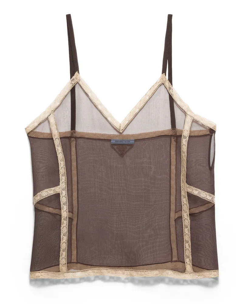Prada Top Aus Organza-intarsien, Damen, Kakaobraun, Größe 4 Kakaobraun