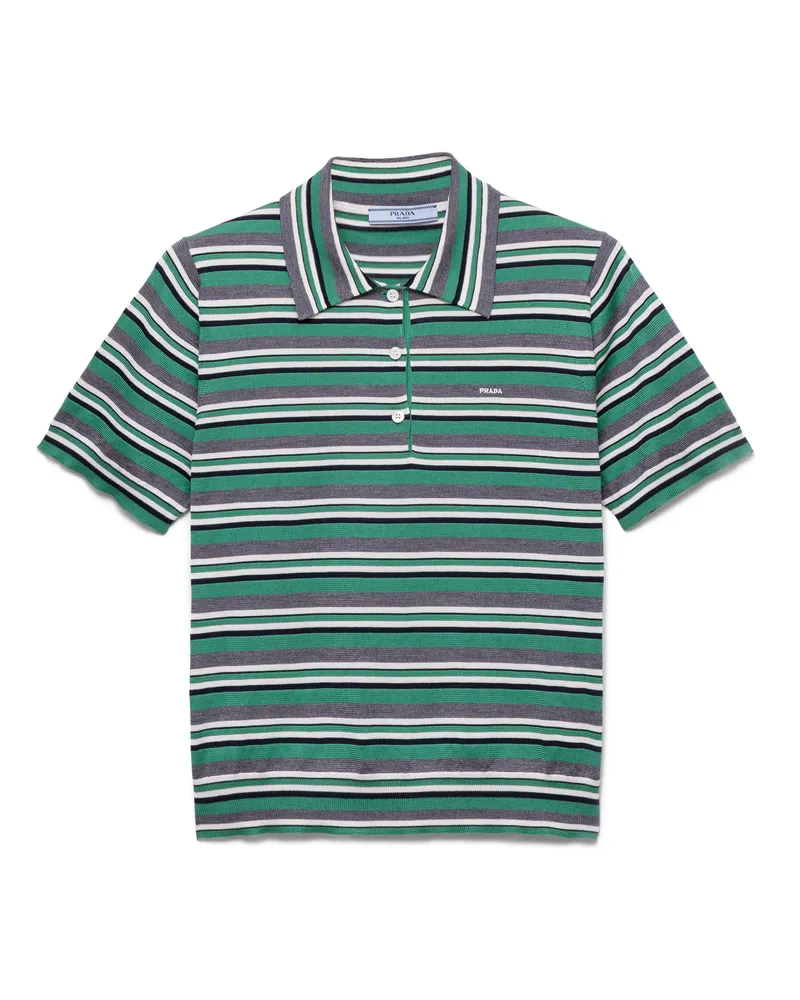 Prada Kurzärmliges Gestreiftes Poloshirt Aus Baumwolle, Damen, Wiese/schiefer, Größe Wiese