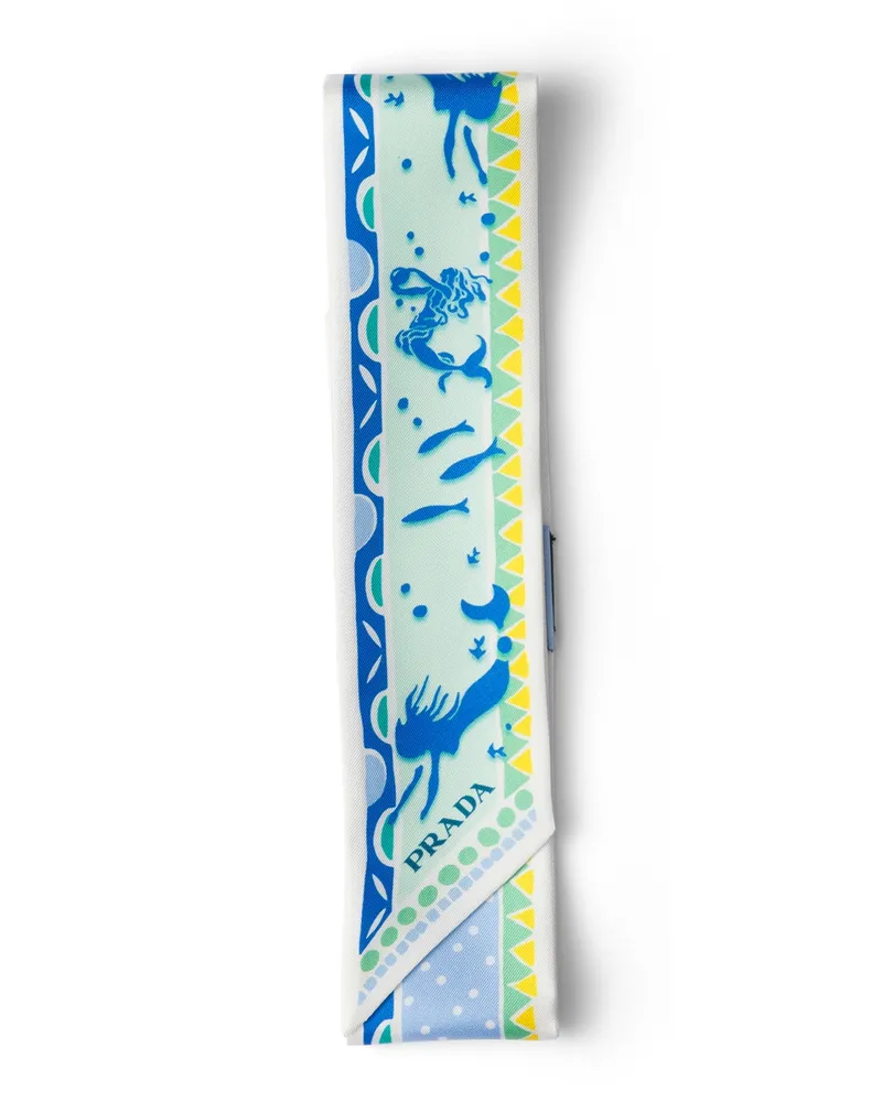 Prada Schmaler Schal Aus Bedrucktem Seidentwill, Damen, Astralblau/aquamarin Astralblau