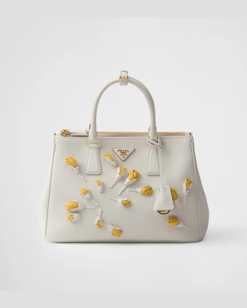 Prada Große  Galleria Tasche aus Leder mit Blumenapplikationen Weiss+sonnengelb