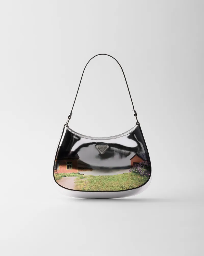 Prada Cleo Schultertasche aus bedrucktem, gebürstetem Leder Silber