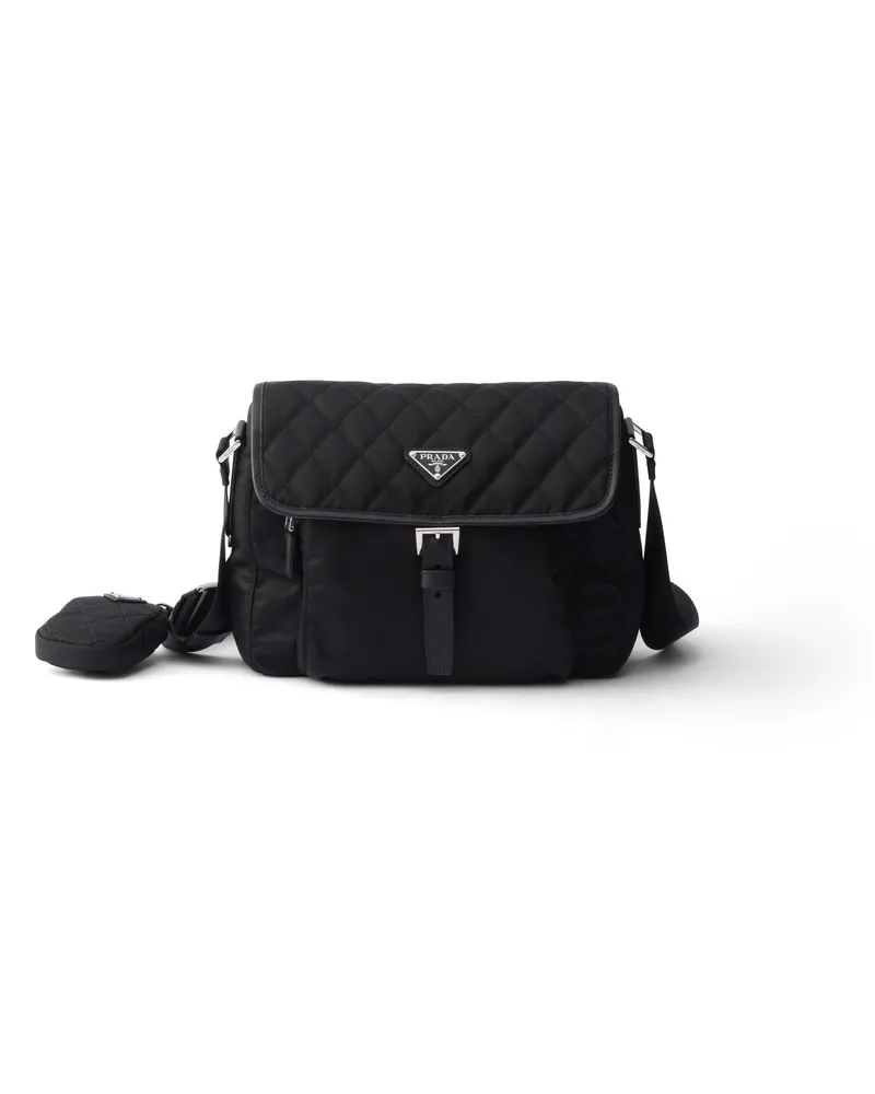 Prada Mittelgroße Gesteppte Schultertasche Aus Re-nylon Mit Besatz Aus Saffiano-leder, Damen, Schwarz Schwarz