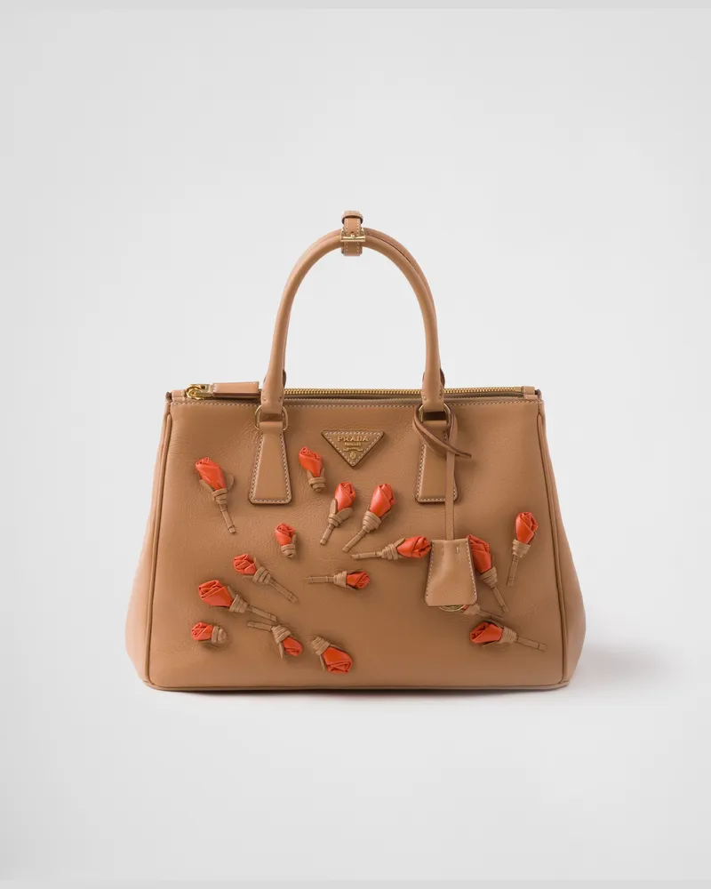 Prada Große  Galleria Tasche aus Leder mit Blumenapplikationen Natur