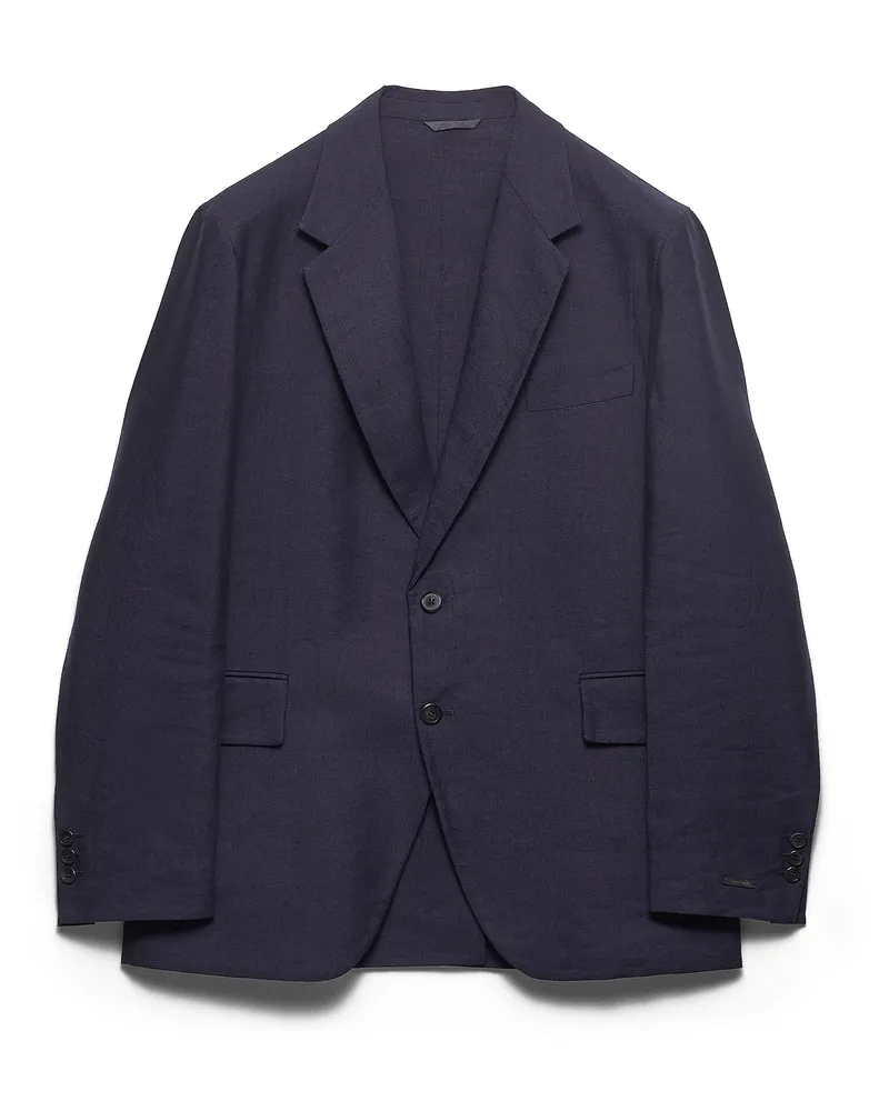 Prada Einreihige Jacke Aus Leinenmischgewebe, Herren, Blau, Größe Blau