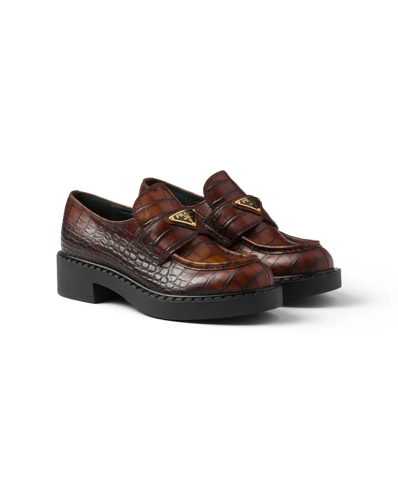 Prada Chocolate Loafer Aus Leder Mit Krokodilleder-print, Damen, Tabak, Größe Tabak