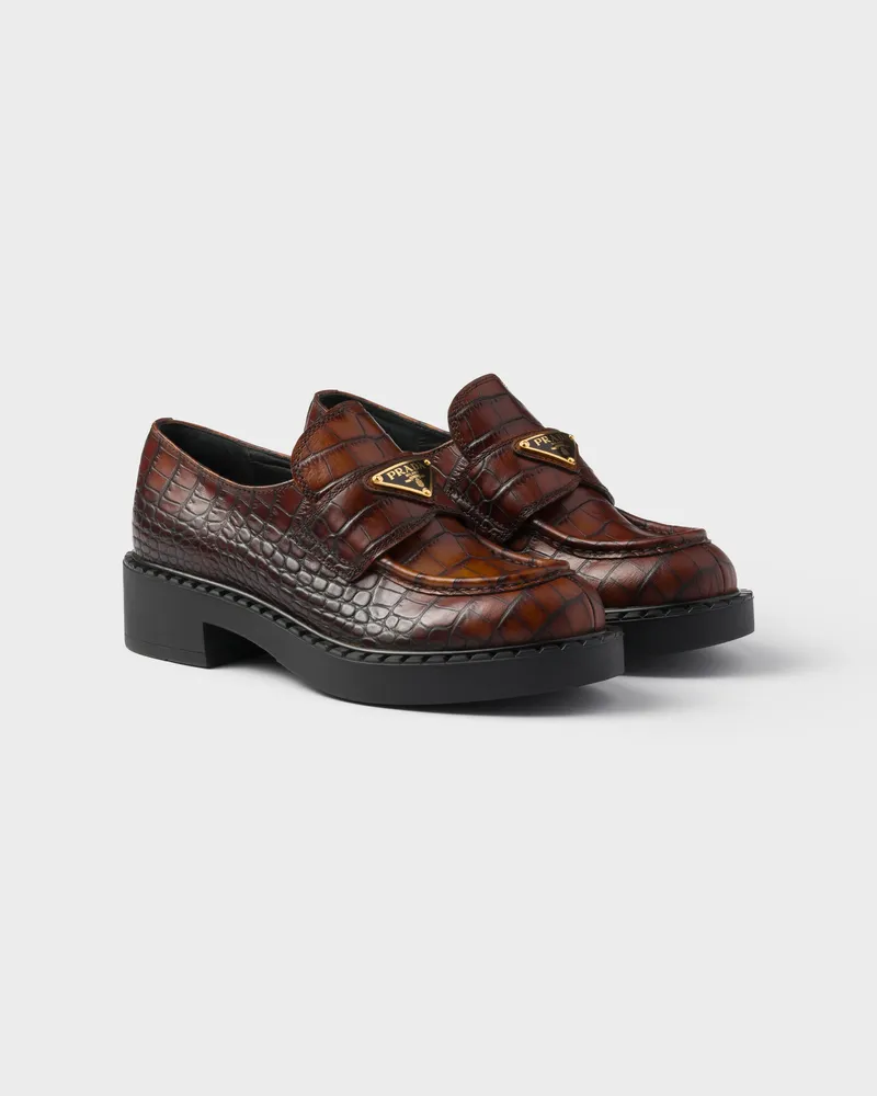 Prada Chocolate Loafer aus Leder mit Krokodilleder-Print Tabak