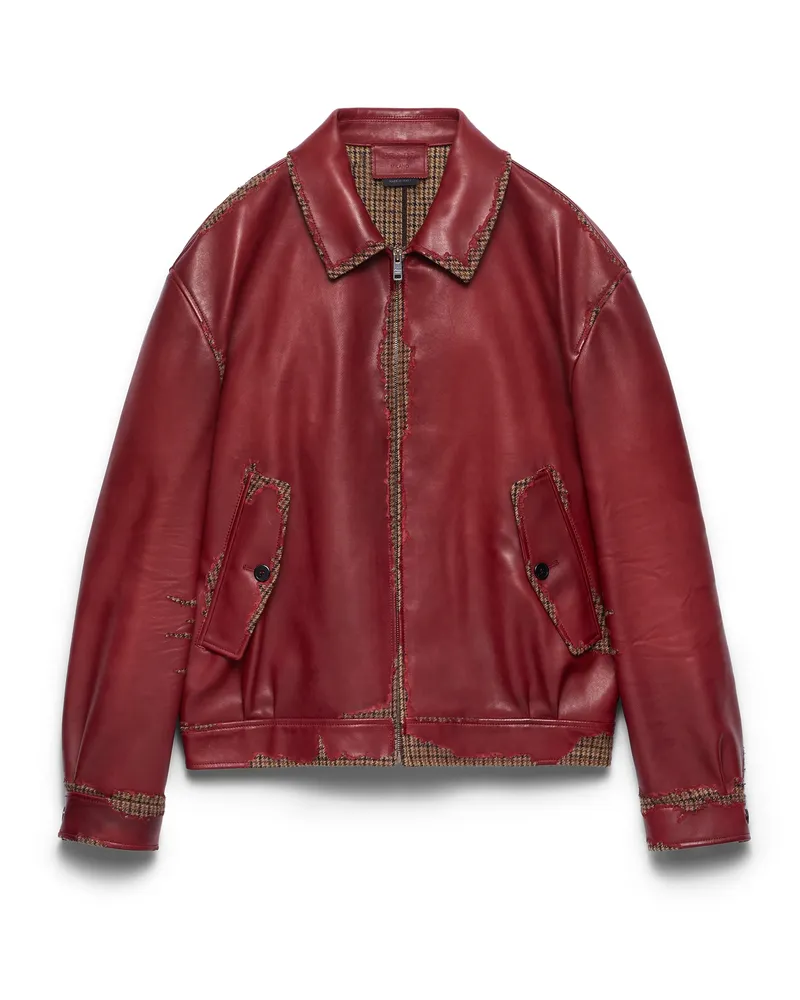 Prada Jacke Aus Nappa-leder Und Stoff Mit Hahnentrittmuster, Damen, Rubinrot, Größe Rubinrot