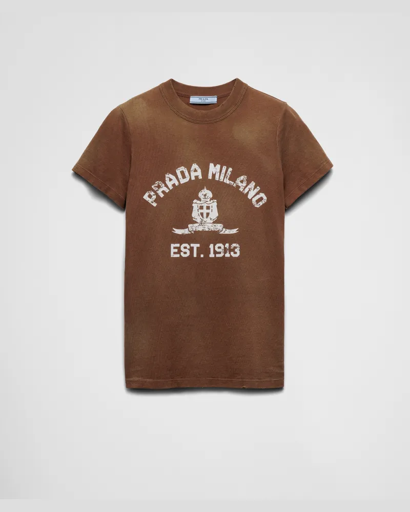 Prada Bedrucktes T-Shirt aus Jersey Tabak