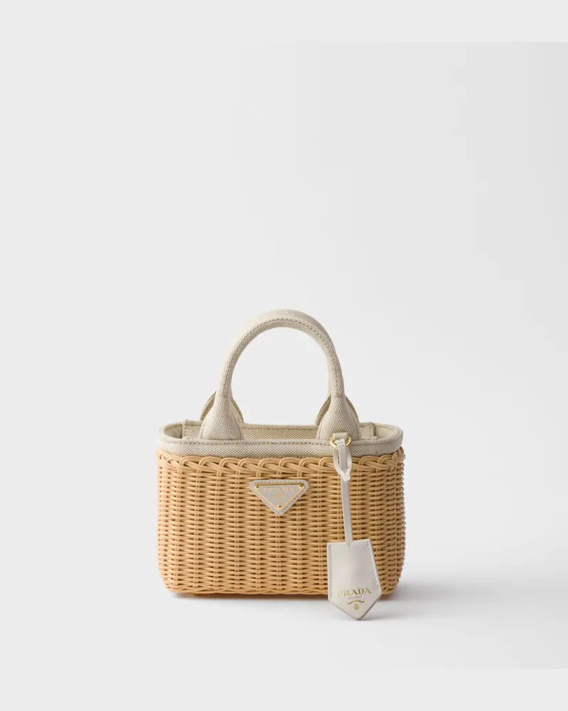 Prada Mini Tote Bag aus Korbgeflecht und Leinenmischgewebe Hellbraun