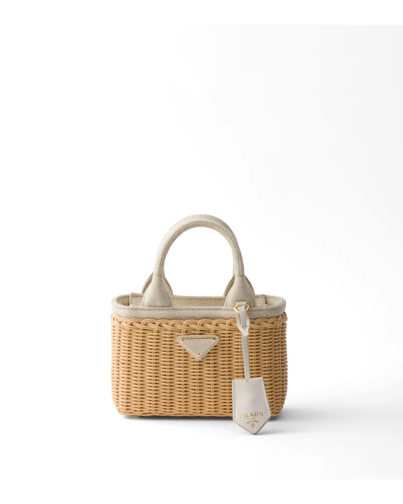 Prada Mini Tote Bag Aus Korbgeflecht Und Leinenmischgewebe, Damen, Hellbraun/weiss Hellbraun