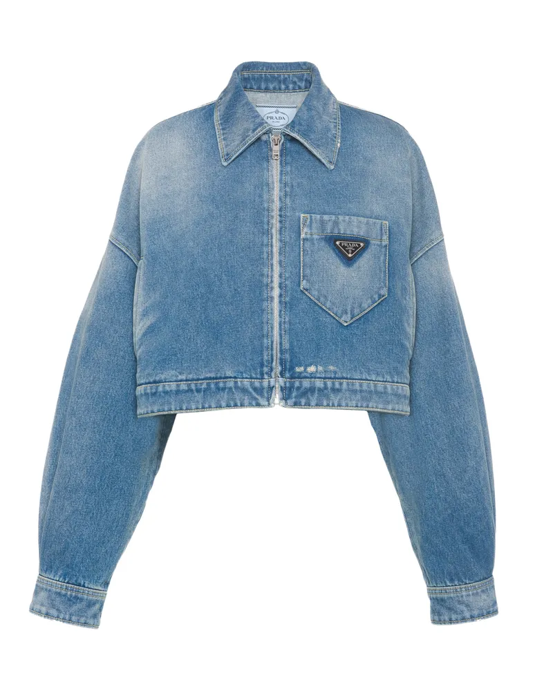Prada Kurze Jacke Aus Bio-denim, Damen, Mittelblau, Größe Mittelblau