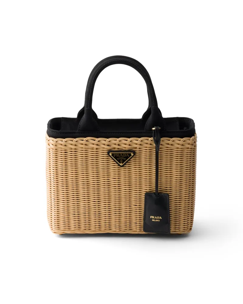 Prada Tote Bag Aus Mittlerem Korbgeflecht Und Canvas, Damen, Hellbraun/schwarz Hellbraun