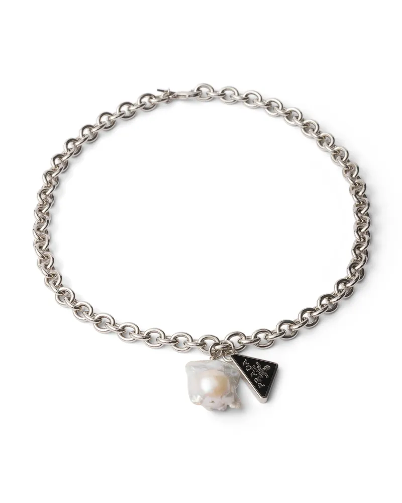 Prada Halskette Aus Metall Mit Perle, Damen, Stahl/perlgrau Stahl