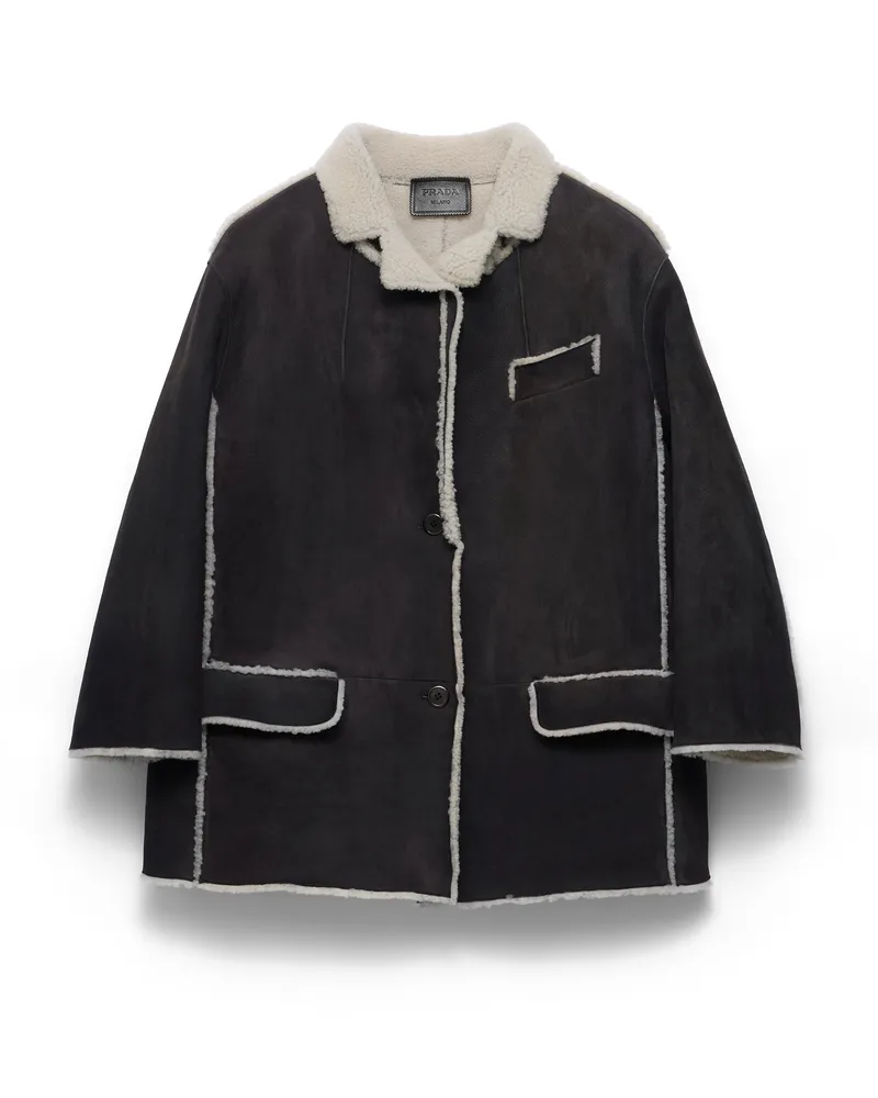 Prada Cabanjacke Aus Lammfell, Damen, Anthrazit/natur, Größe Anthrazit