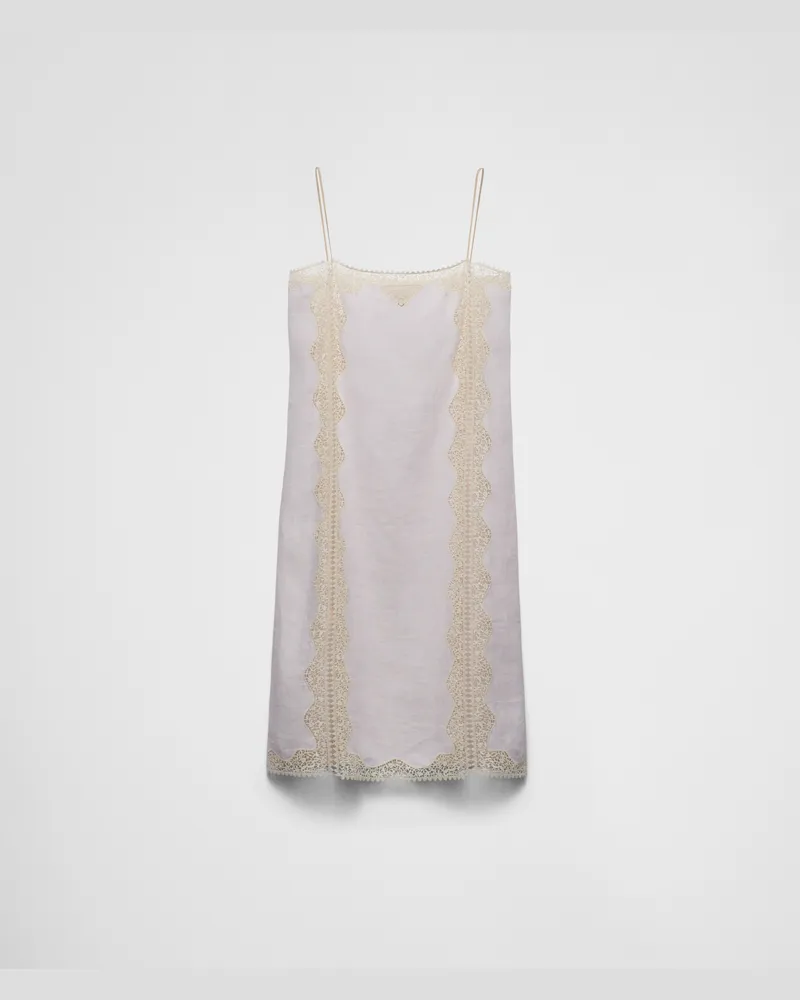 Prada Besticktes Kleid aus Leinen mit Spitzenbesatz Sandbeige
