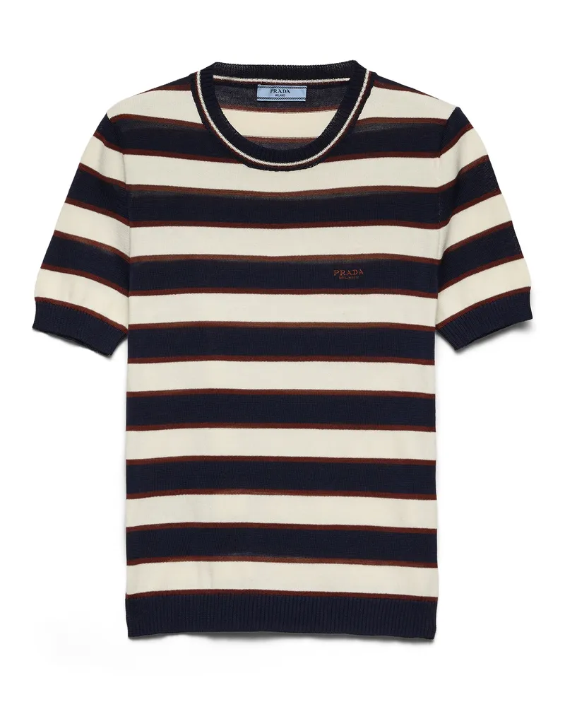 Prada Gestreifter Pullover Aus Baumwolle Mit Rundhalsausschnitt, Damen, Marineblau-natur, Größe Marineblau-natur
