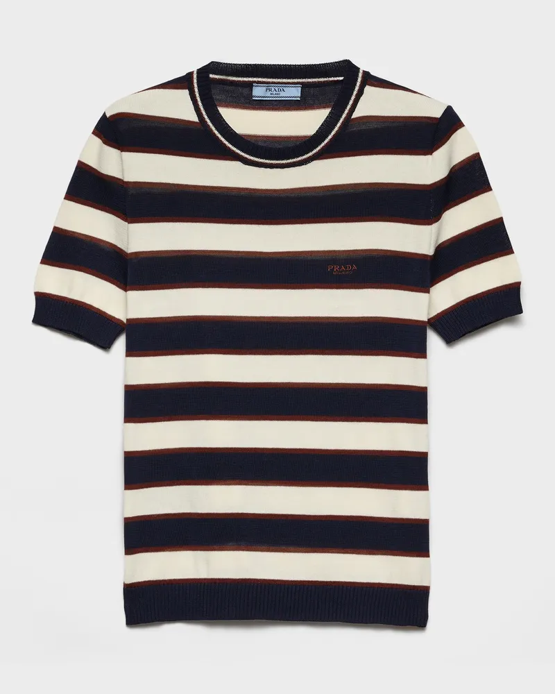 Prada Gestreifter Pullover aus Baumwolle mit Rundhalsausschnitt Marineblau-natur