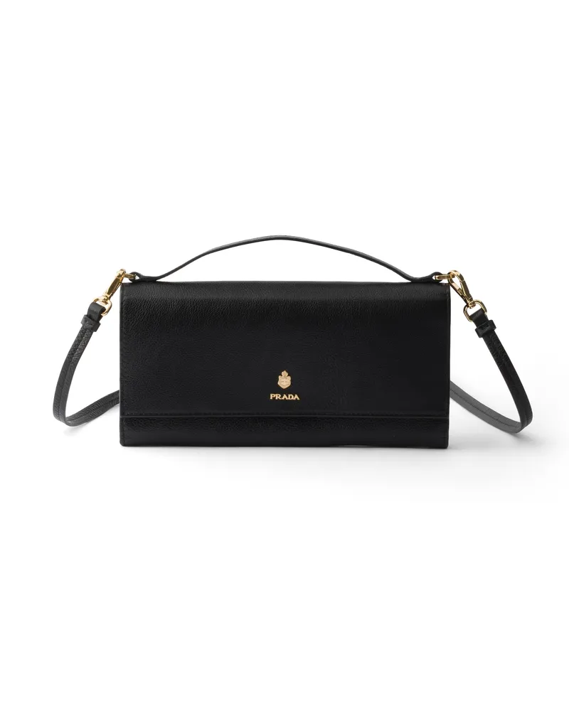 Prada Brieftasche Aus Leder Mit Schulterriemen, Damen, Schwarz Schwarz