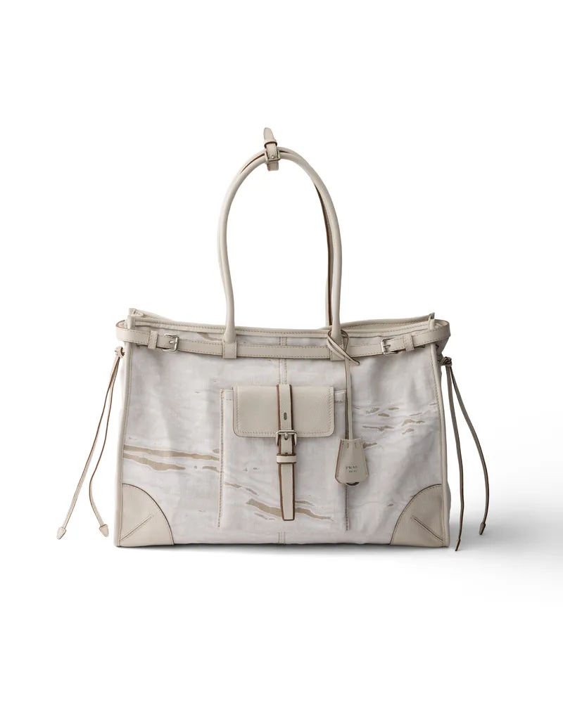 Prada Bonnie Tote Bag Aus Bedrucktem Leinen Und Leder, Damen, Weiss Weiss
