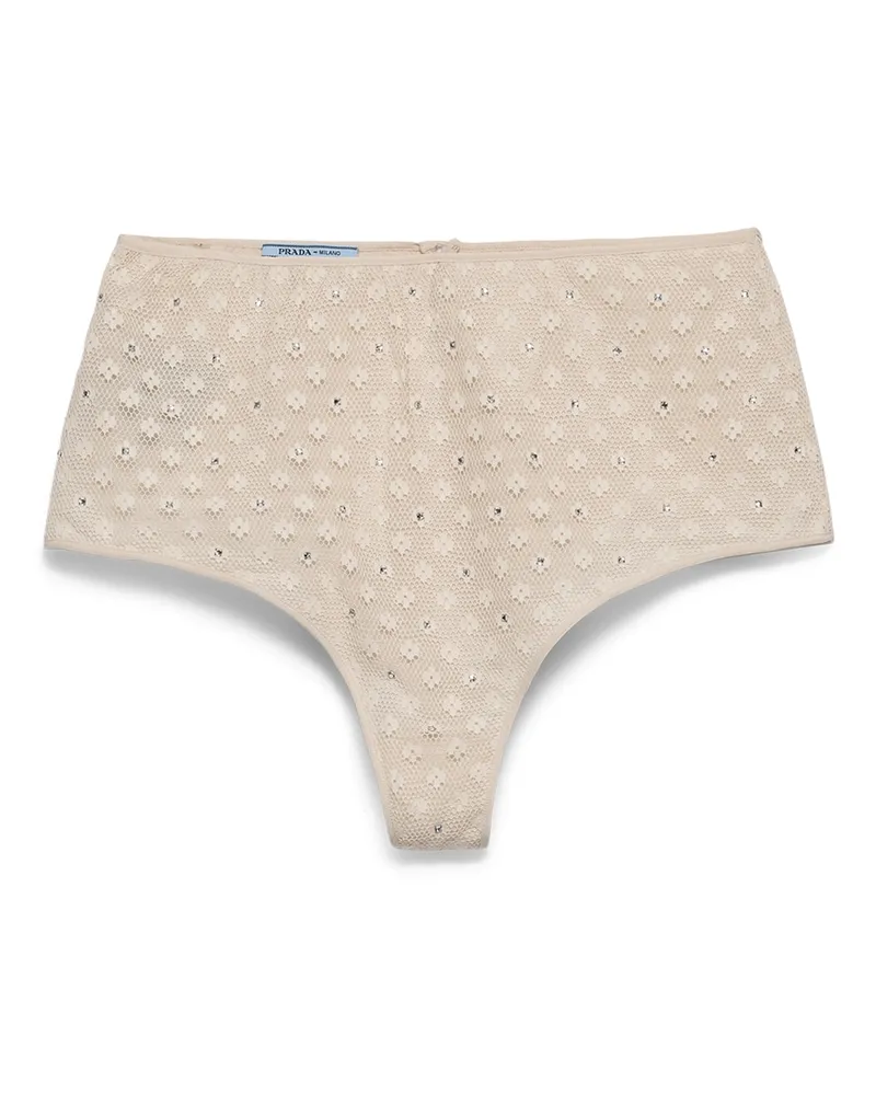 Prada Slip Mit Spitzenbesatz Und Strasssteinen, Damen, Natur, Größe 4 Natur