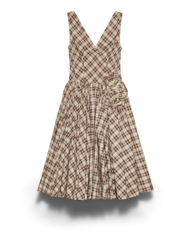 Prada Besticktes Blusenkleid Aus Popeline Mit Karo-muster, Damen, Elfenbein/kakaobraun, Größe Elfenbein