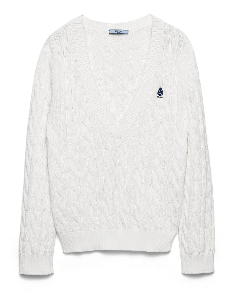 Prada Baumwollpullover Mit Zopfmuster Und V-ausschnitt, Damen, Weiss, Größe Weiss