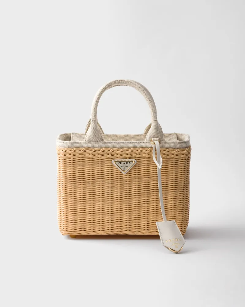 Prada Mittelgroße Tote Bag aus Korbgeflecht und Leinenmischgewebe Hellbraun
