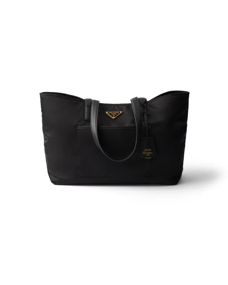 Prada Re-edition 1978 Mittelgroße Tote Bag Aus Re-nylon Und Saffiano-leder, Damen, Schwarz Schwarz