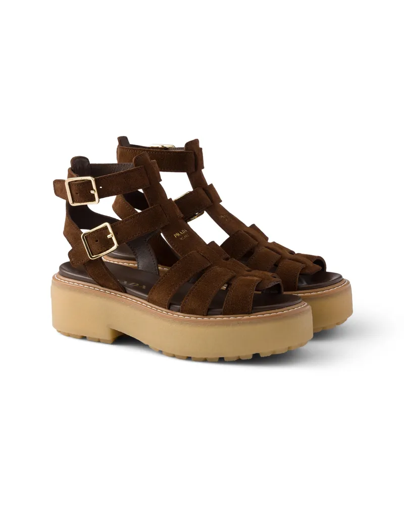 Prada Gladiator-sandalen Aus Wildleder, Damen, Kakaobraun, Größe Kakaobraun