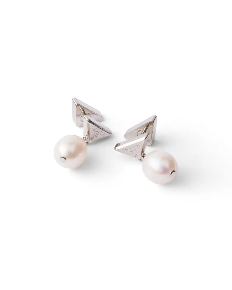 Prada Ohrringe Aus Metall Mit Perlgrauen Perlen, Damen, Stahl/perlgrau Stahl