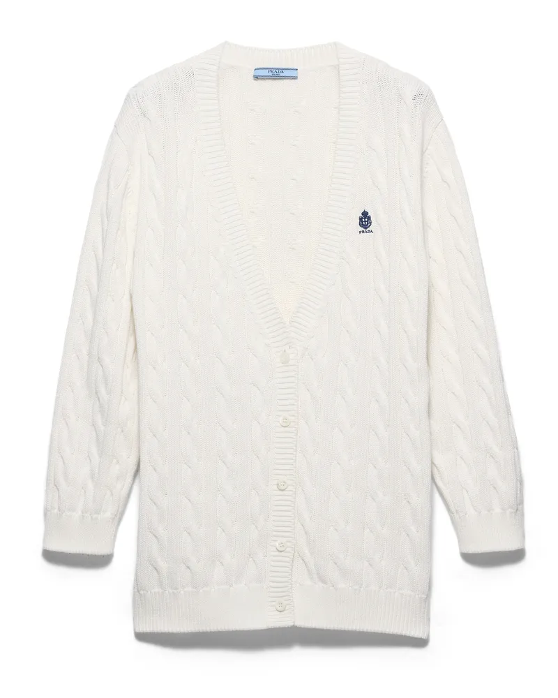 Prada Strickjacke Aus Baumwoll-strick Mit Zopfmuster, Damen, Weiss, Größe Weiss