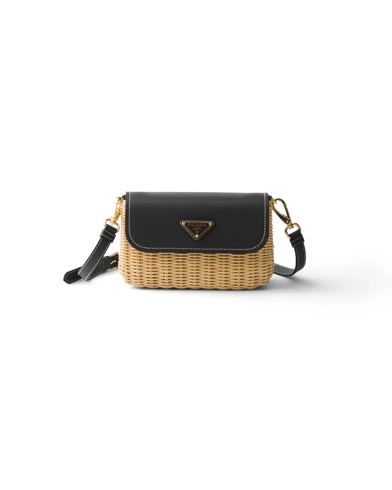 Prada Kleine Schultertasche Aus Korbgeflecht Und Leder, Damen, Hellbraun/schwarz Hellbraun